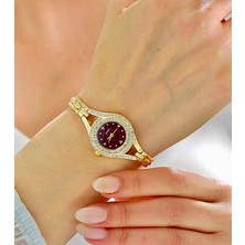 Rachel Silver Zirkon Taşlı Gold Renk Bordo Kadran Kadın Saat