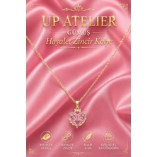 Up Atelier 925 Ayar Gümüş Ithal Zincirli Pembe Zirkon Taşlı Kalp Kolye 40-45CM Ayarlanabilir