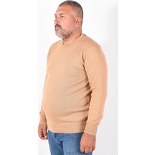 Trist Star Büyük Beden Camel %100 Pamuk Erkek Kazak Bisiklet Yaka Düz Renk Günlük Stil