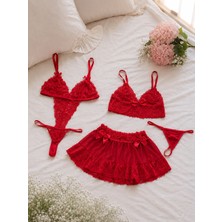 Çeyize Dair Herşey Luxury Rouge 4 Parça Dantel Etekli Iç Giyim Takımı