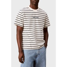 Calvin Klein Çizgili Pamuklu Relaxed Fit Bisiklet Yaka T Shirt LV04RG236GYAS Erkek T Shirt LV04RG236G Yas
