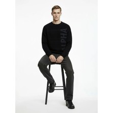 Alpha Studio Siyah Erkek Bisiklet Yaka Regular Fit Yazı Baskılı Kazak AU-3174C Alpha Studıo Crewneck Knıt