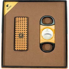 Cohiba Tek Torch Dama Desenli Çakmak Sarı Siyah Kesici Ikili Puro Seti TR9843