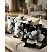 Menesa Home Gold Detaylı Siyah Beyaz Çiçek Desenli Modern Dekoratif Dijital Baskılı 4’lü Kırlent Kılıfı