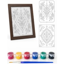 Vuud Çerçeveli Geleneksel Çini & Tezhip Motifi Hobi Boyama Seti (Camlı Kahverengi Çerçeve +6 Renk Akrilik Boya + Ince Ulu Fırça + 2 Motif)