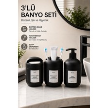Genchome Homeware 3'lü Cam Mat Siyah Banyo Aksesuar Seti | Sıvı Sabunluk, Diş Fırçalık, Pamuk ve Kulak Çubuğu Organizeri | Modern Dekoratif Banyo Düzenleyici