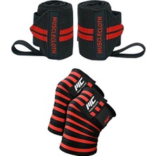 Musclecloth Pro Wrist Wraps + Pro Knee Wraps Seti Siyah Kırmızı