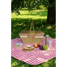 Esranın Dünyası Buffer 2 Kapaklı Dikdörtgen Hasır Görünümlü Piknik Sepeti, Plastik Rattan, Doğal Renk, Dantel ve Ekose Detaylı, 38.5X26X18 cm