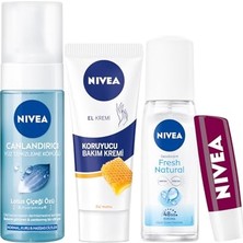 Esranın Dünyası Nıvea Kadın Pump Deodorant Fresh Natural 75ML, Canlandırıcı Yüz Temizleme Köpüğü 150ML, Koruyucu Balmumu El Kremi 75ML, Böğürtlen Dudak Bakım Kremi