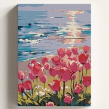 Esranın Dünyası Sayılarla Boyama Tuval Hobi Seti Sahilde Laleler Temalı Fırça ve Boya Dahil Set (Çıtalı) 40X50 cm Kendin Yap Sayılarla Tuval Boya Kiti (Kasnaklı)