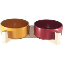 Esranın Dünyası Kedi  Su Kabı Ahşap Standı ve Seramik Kasesi Yavru Evcil Hayvan Minimalist Design (Hardalkırmızı, Çiftli)