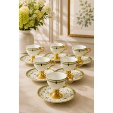 Yzhome Acar 6 Kişilik Lüks Porselen Ayaklı Gold Yaldızlı Desenli Kahve Fincan Takımı Seti 100ML