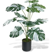 Esranın Dünyası Yapay Çiçek Saksıda Monstera Yeşil Beyaz Deve Tabanı 12DAL 70CM Salon Çiçeği Yapay Bitki