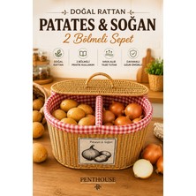 Penthouse Patates Soğan Saklama Sepeti 2 Bölmeli Kapaklı Doğal Rattan Hasır Mutfak Düzenleyici 39X27X20 cm