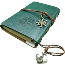 Esranın Dünyası Retro Vintage Pusula Baskılı Çapa ve Dümen Kolye Uçlu Deri Kapaklı Günlük Not Defteri Denizci Defter Özel Tasarım Hediyelik Yeşil