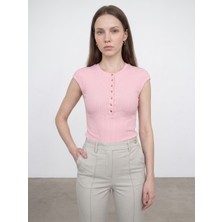 Dilvin 31887 Düğmeli Kısa Kollu Top-Toz Pembe