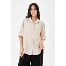 Della Moor Kadın Italyan Çiçek Nakışlı Fistolu Oversize Poplin Gömlek 40 - 46 Beden