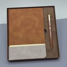 Fta Ticaret Altın Şeritli Taba Deri Defter - Kahverengi Roller Kalem - Kutulu Özel Hediye Seti