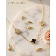 Stainless Steel 316L Çelik Zincir Gold Renk Siyah ve Zirkon Taşlı Yonca Model Çelik Kolye