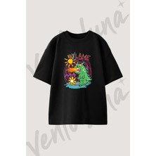 Scribble Monster Tasarım Baskılı Unisex Oversize Kalıp Siyah Tshirt
