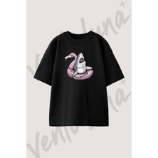 Shark Flamingo Tasarım Baskılı Unisex Oversize Kalıp Siyah Tshirt