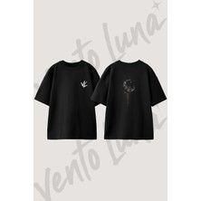 Dark Crescent Moon Tasarım Sırt Baskılı Pamuk Siyah Oversize T-Shirt