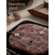 Stainless Steel 316L Çelik Zincir Gümüş Renk Siyah ve Zirkon Taşlı Yonca Model Kolye