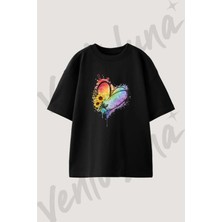 Kalp Gokkusagi Aycicegi Tasarım Baskılı Unisex Oversize Kalıp Siyah Tshirt
