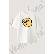 Sari Ordek Tasarım Baskılı Unisex Oversize Kalıp Beyaz Tshirt