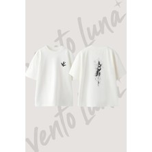 Geometrik Soyut Tasarım Sırt Baskılı Pamuk Beyaz Oversize T-Shirt