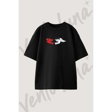 Motokros Ates Kanat Tasarım Baskılı Unisex Oversize Kalıp Siyah Tshirt