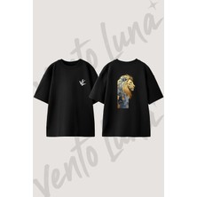 Golden Lion Tasarım Sırt Baskılı Pamuk Siyah Oversize T-Shirt