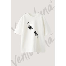 Iskelet Kedi Tasarım Baskılı Unisex Oversize Kalıp Beyaz Tshirt