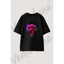 Neon Kafatası Tasarım Baskılı Unisex Oversize Kalıp Siyah Tshirt