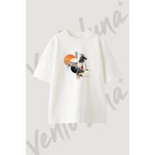 Kadin Peyzaj Kolaj Tasarım Baskılı Unisex Oversize Kalıp Beyaz Tshirt