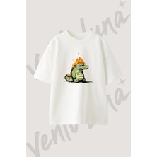 Alligator Fire Tasarım Baskılı Unisex Oversize Kalıp Beyaz Tshirt