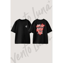 Amor Heart Tasarım Sırt Baskılı Pamuk Siyah Oversize T-Shirt