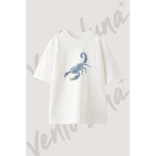 Crystal Scorpion Tasarım Baskılı Unisex Oversize Kalıp Beyaz Tshirt