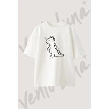 Cute Dinosaur_5 Tasarım Baskılı Unisex Oversize Kalıp Beyaz Tshirt