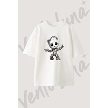 Baby Groot Tasarım Baskılı Unisex Oversize Kalıp Beyaz Tshirt