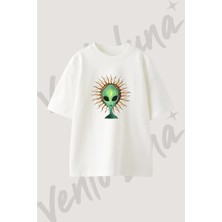 Alien Sun Tasarım Baskılı Unisex Oversize Kalıp Beyaz Tshirt