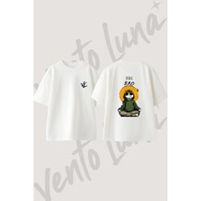 Chill Cat Tasarım Sırt Baskılı Pamuk Beyaz Oversize T-Shirt