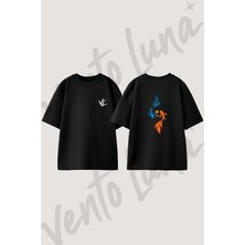 Balik Gun Ay Tasarım Sırt Baskılı Pamuk Siyah Oversize T-Shirt