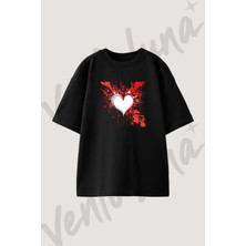 Heart Splatter Tasarım Baskılı Unisex Oversize Kalıp Siyah Tshirt