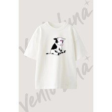 Heart Cow Tasarım Baskılı Unisex Oversize Kalıp Beyaz Tshirt