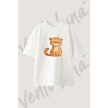 Sinirli Kedi Tasarım Baskılı Unisex Oversize Kalıp Beyaz Tshirt