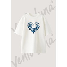 Hokusai Dalga Tasarım Baskılı Unisex Oversize Kalıp Beyaz Tshirt