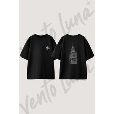 Big Ben Tasarım Sırt Baskılı Pamuk Siyah Oversize T-Shirt