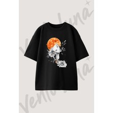 Kadin Dolunay Cicek Tasarım Baskılı Unisex Oversize Kalıp Siyah Tshirt