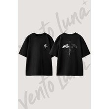 Broken Sword Wings Tasarım Sırt Baskılı Pamuk Siyah Oversize T-Shirt